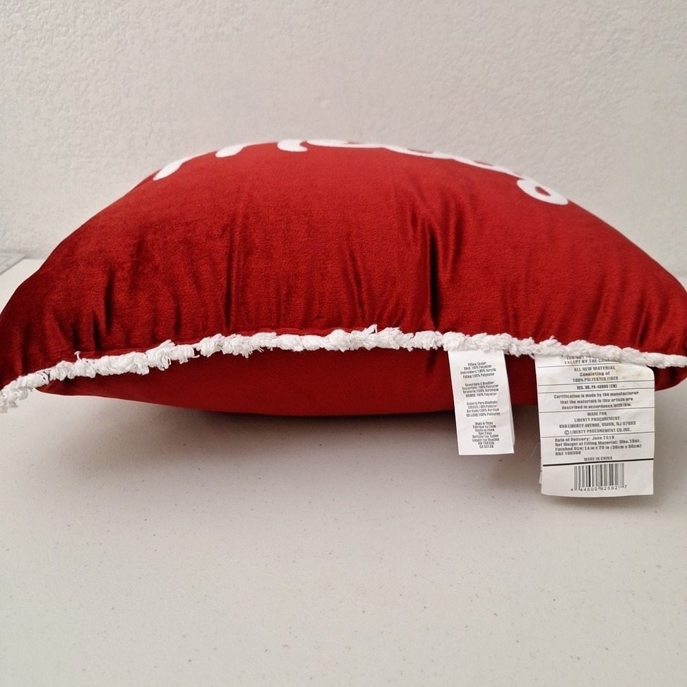 Silky Red Velvet Merry Christmas Pillow Stitched Script w/ Fringe 18" x 14" - Picture 8 of 11